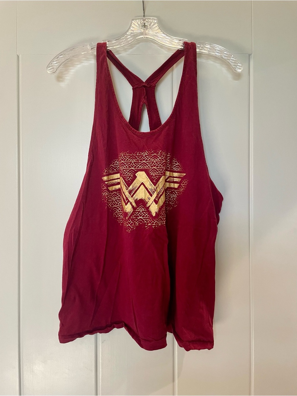 Women's Deep Red Racerback Tank with Metallic Gold Wonder Woman Emblem